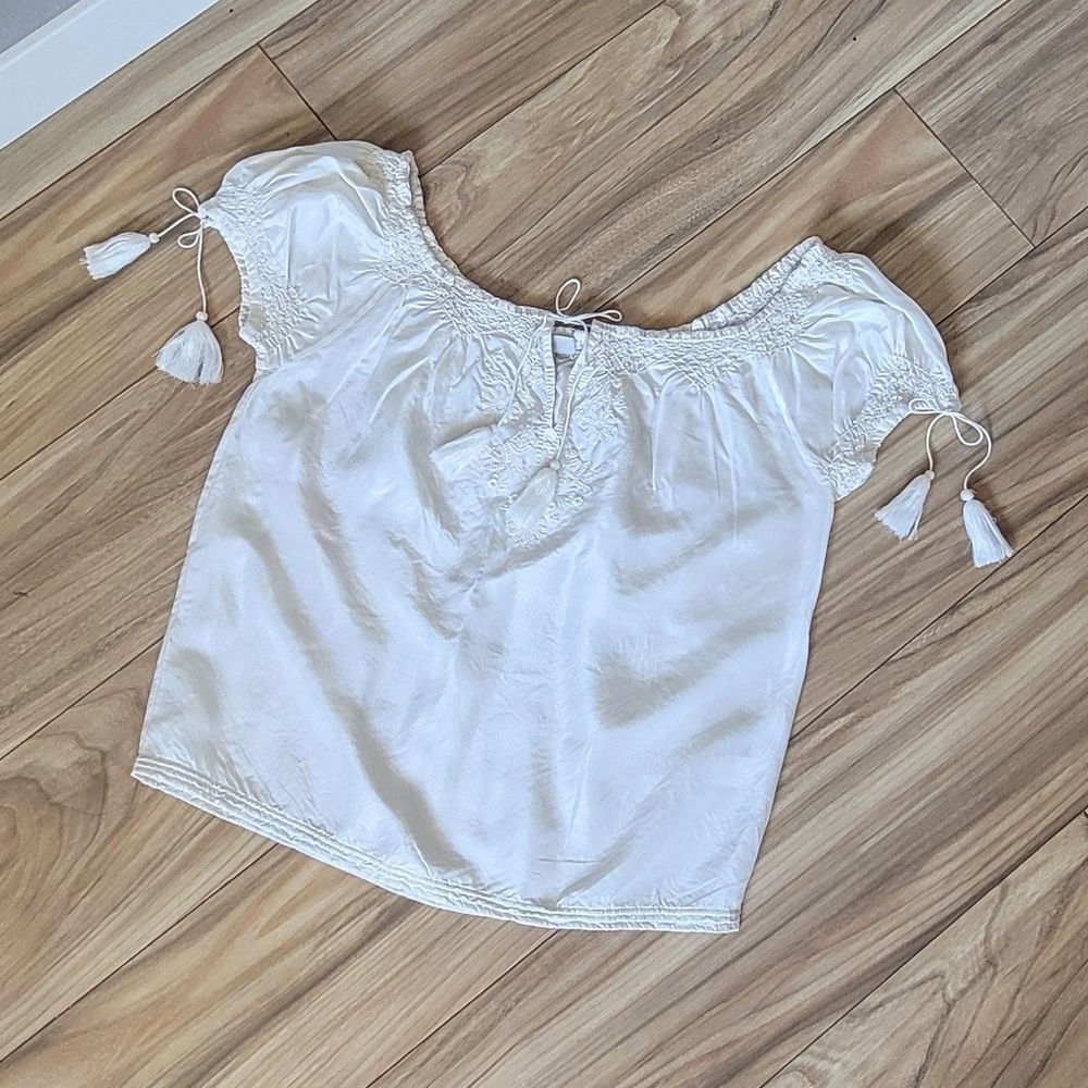 Joie 100% Silk Vintage Embroidered Tassel Peasant Blouse in Ivory White - Picture 2 of 13